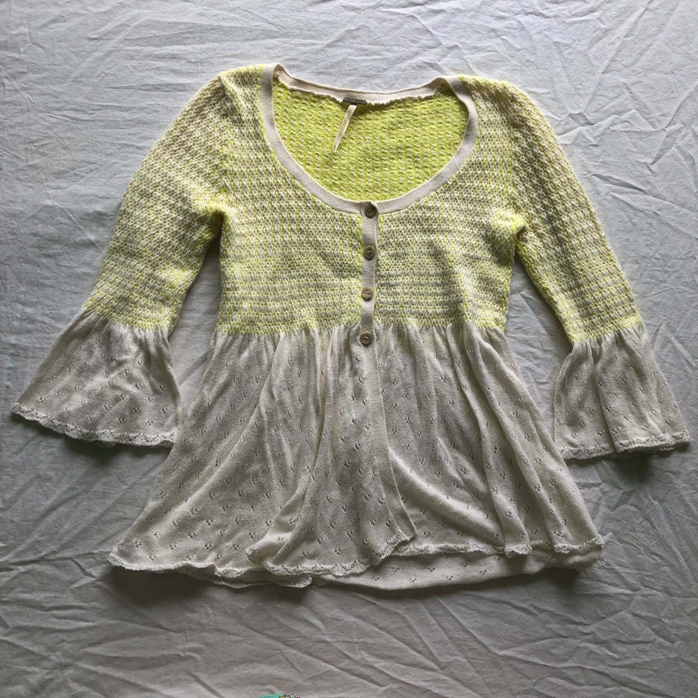 Free People Yellow Pointelle Babydoll Cardigan